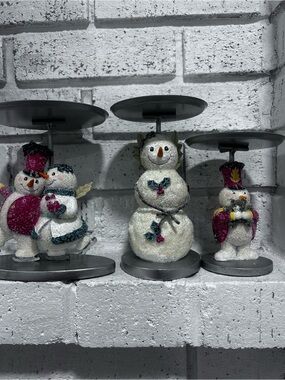 Set of 3 Glitter Snowman Christmas Pillar Candle Holders Holiday Decor